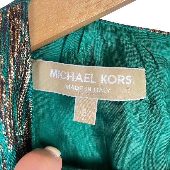 Michael Kors Emerald Green & Metallic Gold Sleeveless Fit & Flare Cocktail Dress - Picture 9 of 11